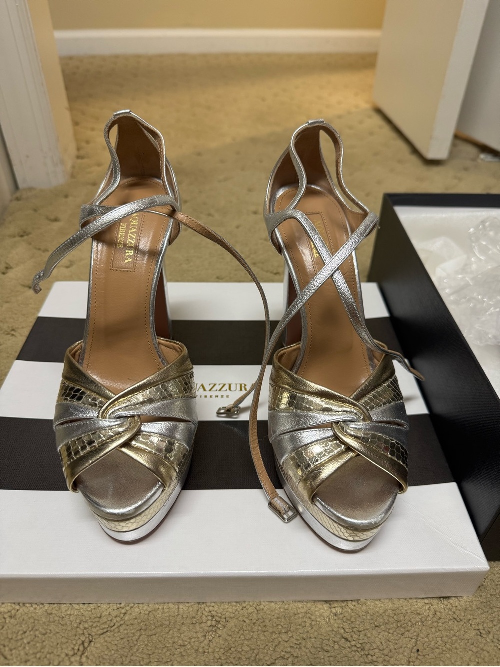 Aquazzura Metallic Gold and Silver Crisscross Ankle-Tie Heels
